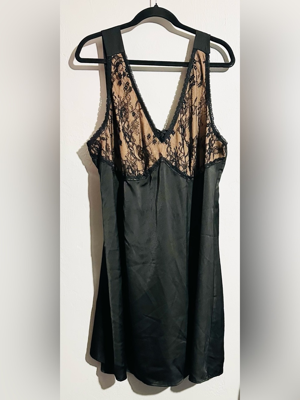 Cider Black Satin Slip Nightgown Slip Dress  Size 3X (XXL) - Lace Bodice Overlay